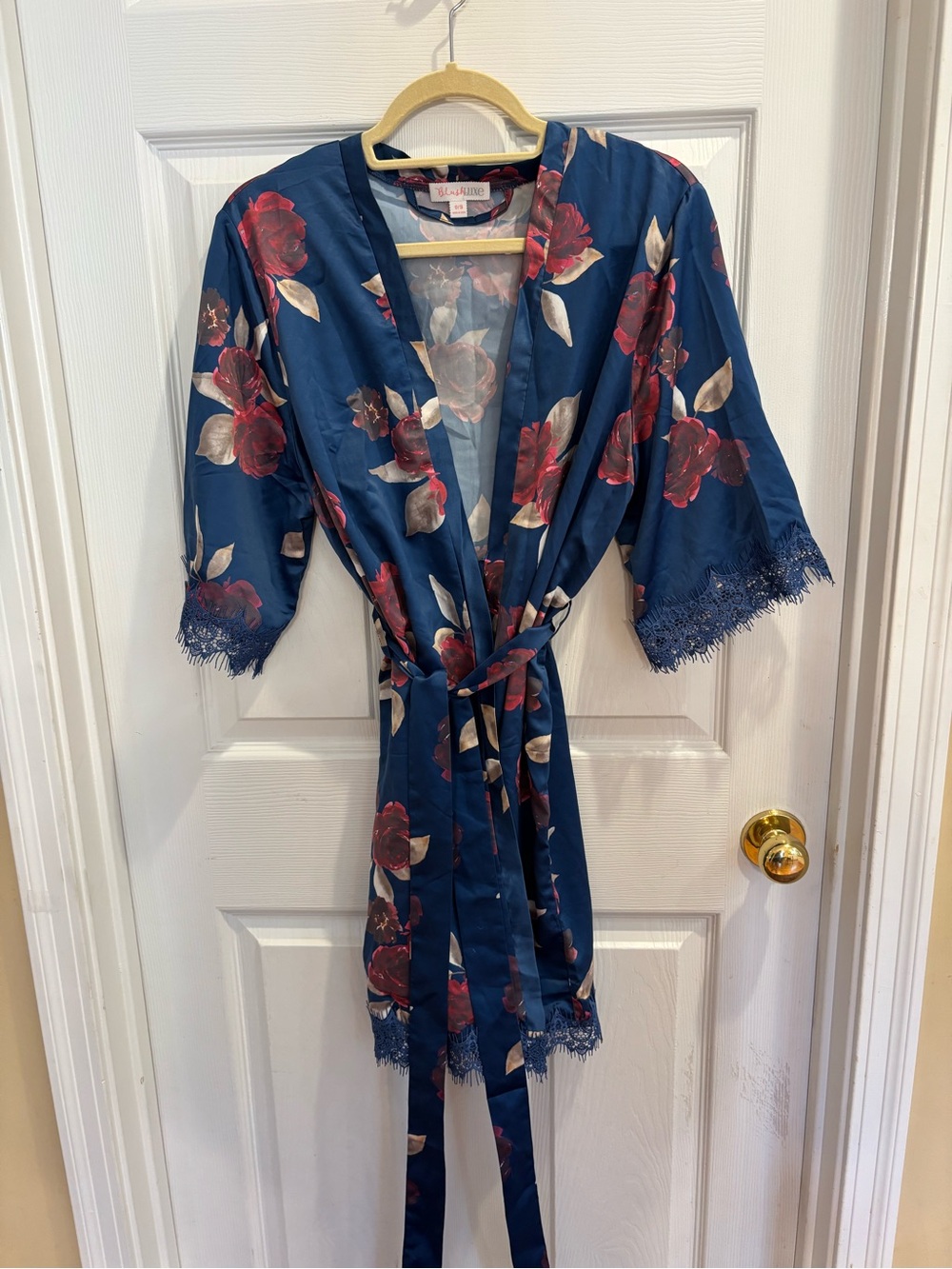 Blush Luxe Floral Satin Lace Trim Robe Navy Blue Red Roses Small Kimono Wrap